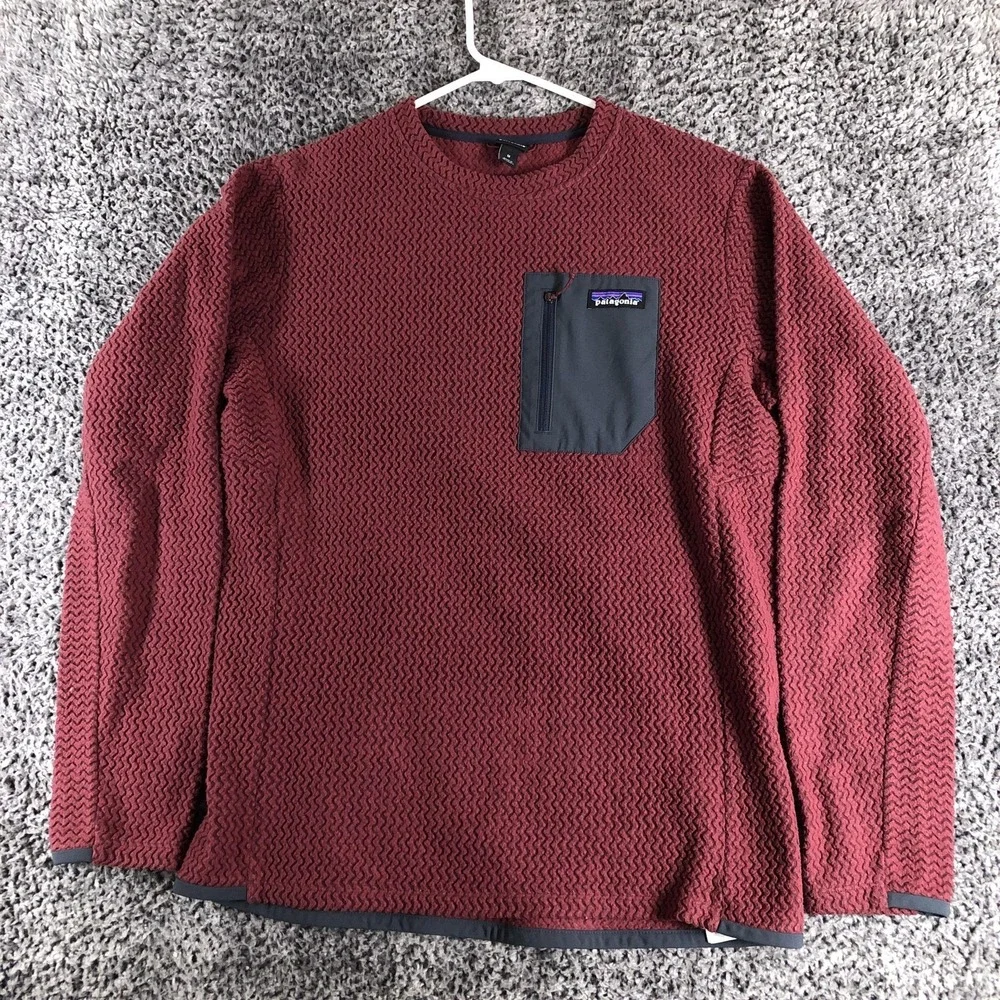 Patagonia Pullover Mens Medium Red Textured Fleece Crew Neck Chest Pocket Hiking